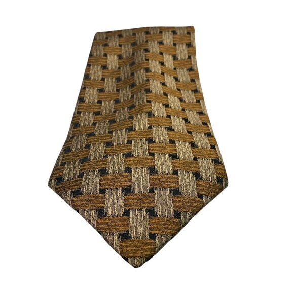 Kenneth Cole New York 100% Silk Handmade Gold & Black Basketweave Print Tie #222 - Picture 3 of 6